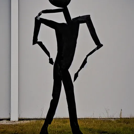 Prompt: a contemporary art sculpture of a tall man running with long arm, metal, paint, dirty, exterior, bright 8 k