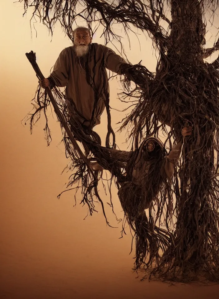 Image similar to full body shot of old asian man with long beard, hanging from a tree, his head covered in roots, full face occult silver mask, bright multiple glowing eyes, holding a large carved wooden dark fractal stick, hanging upside down, thick smoke around him, in the burning soil desert, cinematic shot, wide angle, dark desert background, volumetric lighting by Denis Villeneuve, Lubezki, Gaspar Noe, Christopher Doyle and Alejandro Jodorowsky, anamorphic lens, anamorphic lens flares, kodakchrome, cinematic composition, practical effects, award winning photo, 8k