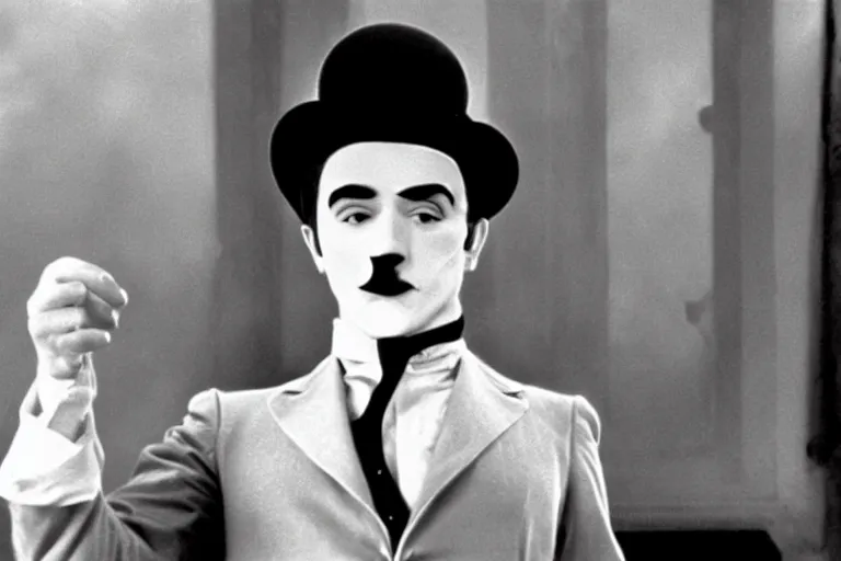 Image similar to Antonio Banderas as Charlie Chaplin in 'My Chap Chaplin' (1968), movie still frame, promotional image, imax 70 mm footage, oscar nominated cinematography, volumetric lighting, 8k resolution