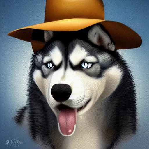 Image similar to a portrait painting of a husky in cowboy costume, wearing a cowboy hat, character design, trending on artstation