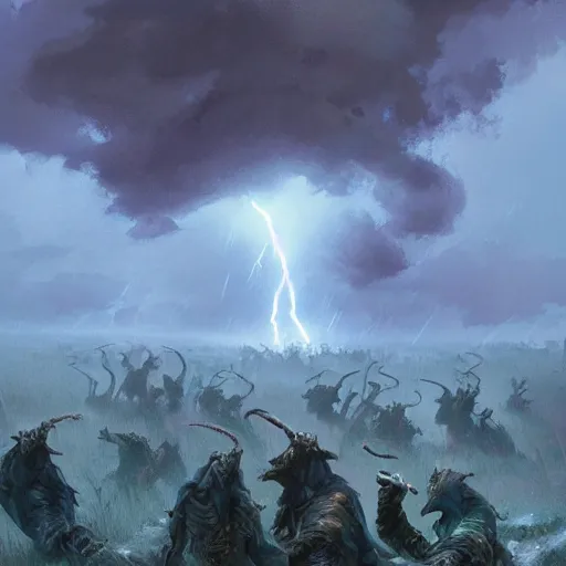 Image similar to a magical lightning storm destroys a goblin army, digital art, greg rutkowski