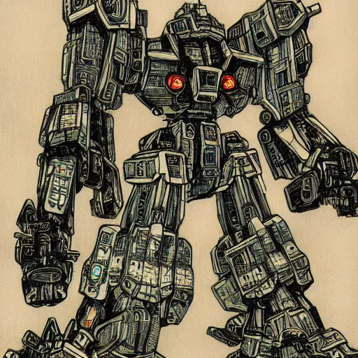 Image similar to japanese folk mecha drawing, detailed, historic, deviantart,