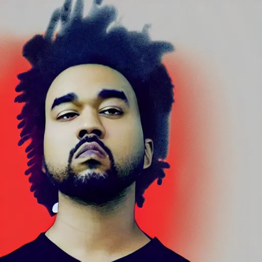 Prompt: a fusion between joji the weeknd and kanye west, looking at the camera, realistic, 4 k, hdr, grainy