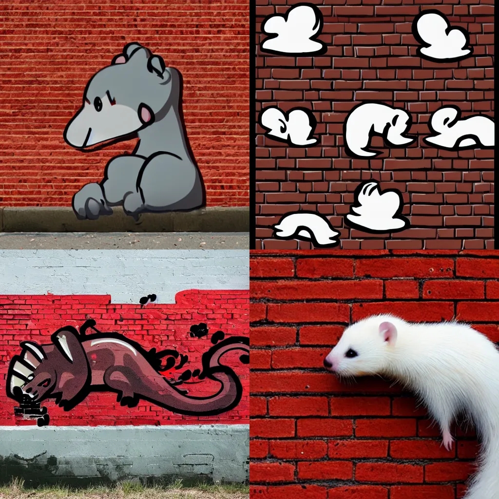 Prompt: ( ( smoke cloud ) * ( ( backing ) * brick wall ) ) + ( ( graffiti ) * ( furry fandom ) * ( ( ferret * weasel * stoat ) * ( red + black ) ) )
