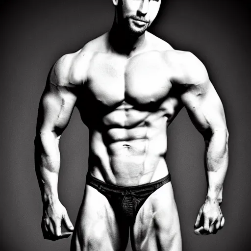Prompt: black and white studio photo of chad with muscular body, high quality, 4 k