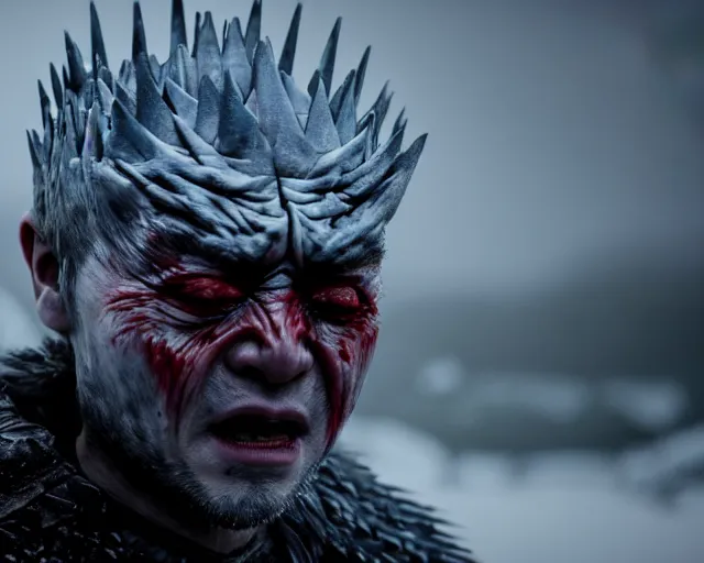 Image similar to ugly - cryer crying justin sun as night king in game of thrones, stunning tears, crimson - black bee army behind, 4 k, epic, cinematic, focus, movie still, fantasy, extreme detail, atmospheric, dark colour, sharp focus