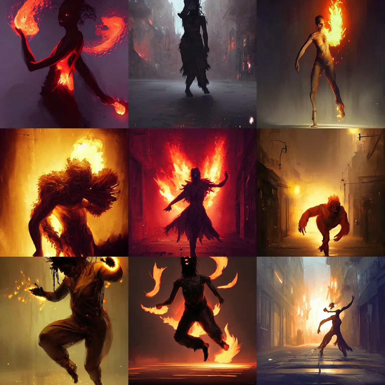 Prompt: a human shaped creature made of fire, is dancing in a dark street, concept art by greg rutkowski and j. dickenson