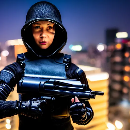 Prompt: photographic portrait of a techwear woman holding a shotgun, closeup, on the rooftop of a futuristic city at night, sigma 85mm f/1.4, 4k, depth of field, high resolution, 4k, 8k, hd, full color, Robocop, Die Hard, movies with guns, movie firearms, face closeups