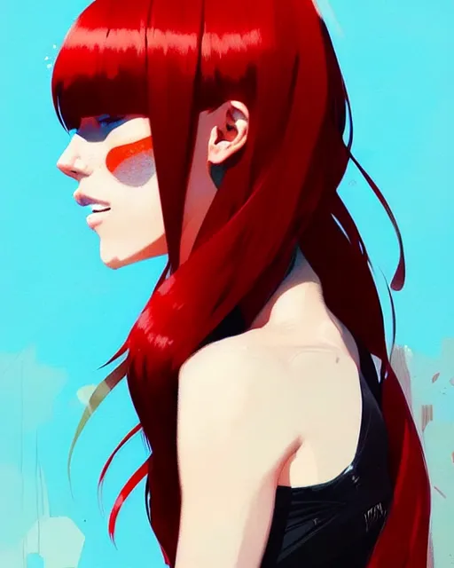 Prompt: a ultradetailed beautiful portrait panting of a stylish woman with red bangs, by conrad roset, greg rutkowski and makoto shinkai, trending on artstation