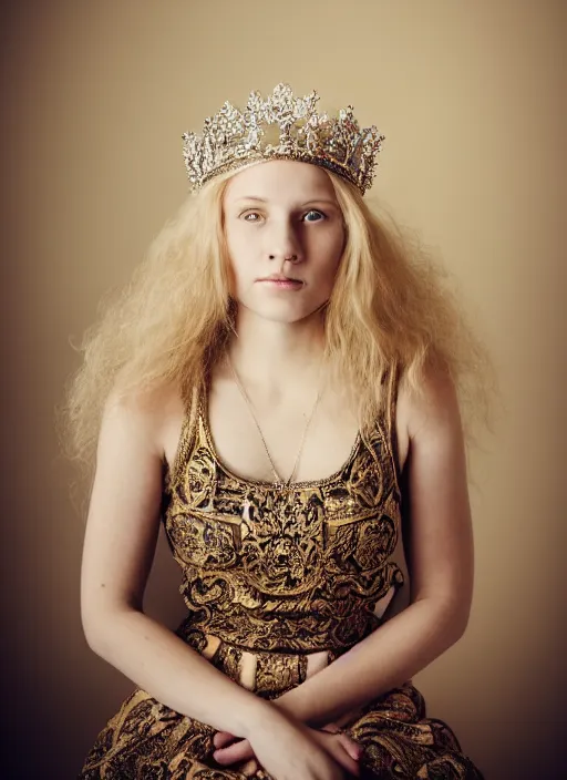 Prompt: portrait of a 2 0 year old woman with a baroque royal crown, symmetrical face, blonde hair, she has the beautiful calm face of her mother, slightly smiling, ambient light in nature