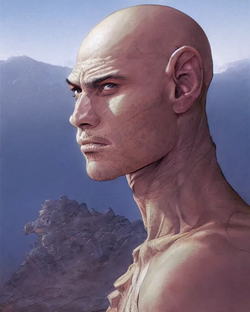 Prompt: a portrait of a bald warrior male sorcerer in a barren mountainous landscape, morning, art by yoshitaka amano and michael whelan