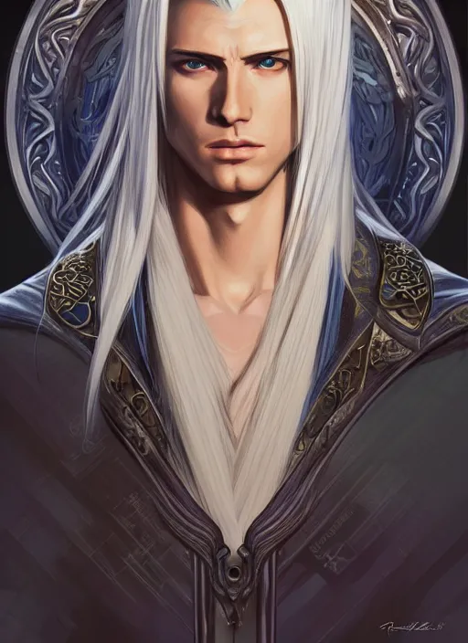 Image similar to centered portrait, Sephiroth as a male D&D Ranger, blonde hair, Art Nouveau, beautiful retro Fantasy heroine 1985, intricate, elegant, highly detailed, centered, digital painting, trending on artstation, concept art, smooth, sharp focus, illustration, art by raphael lacoste, eddie mendoza, Mucha, alex ross, WLOP