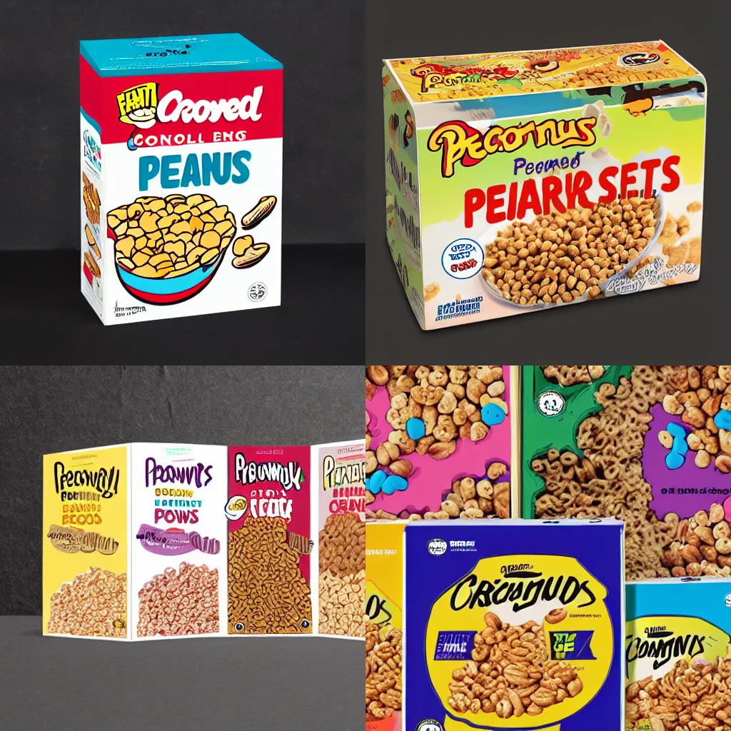 Prompt: a box of cereal front cover design peanuts