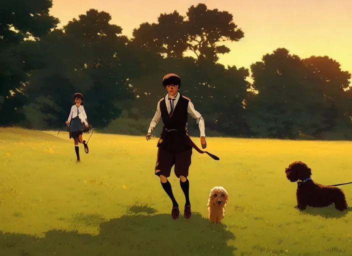 Image similar to france 1 9 2 0's, young adult running with his goldendoodle dog on a green meadow, golden hour, finely detailed perfect art, gapmoe yandere grimdark, trending on pixiv fanbox, painted by greg rutkowski makoto shinkai takashi takeuchi studio ghibli