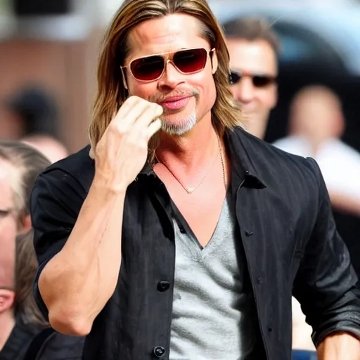 Prompt: brad pitt happy after a good breakfast