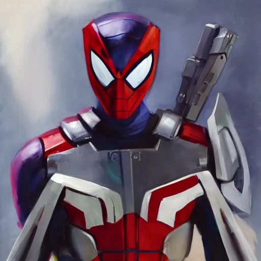 Image similar to greg manchess portrait painting of armored spiderman ultraman grey fox from metal gear cyborg gay japanese - american hybrid as overwatch character, medium shot, asymmetrical, profile picture, organic painting, sunny day, matte painting, bold shapes, hard edges, street art, trending on artstation, by huang guangjian and ail elvgren and sachin teng