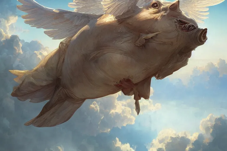 Prompt: a flying pig with angelic wings, flying over Paris, highly detailed, digital painting, artstation, concept art, smooth, sharp focus, illustration, wallpaper, art by artgerm and greg rutkowski and alphonse mucha and jin xiaodi and anthony devine