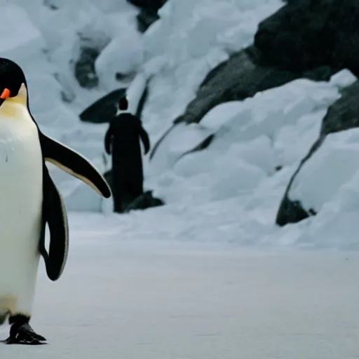 Image similar to A film still of a penguin in a suit, in a suit, in a suit, in a suit