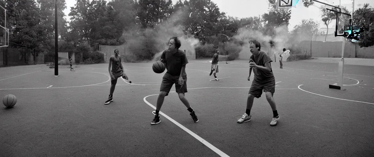 Image similar to award winning photo of todd solondz playing basketball in the hood and smoking weed, vivid colors, happy, symmetrical face, beautiful eyes, studio lighting, wide shot art by sally mann & arnold newman, francis bacon, ewa juszkiewicz, jenny saville, yayoi kusama, ai weiwei and gregory crewdson