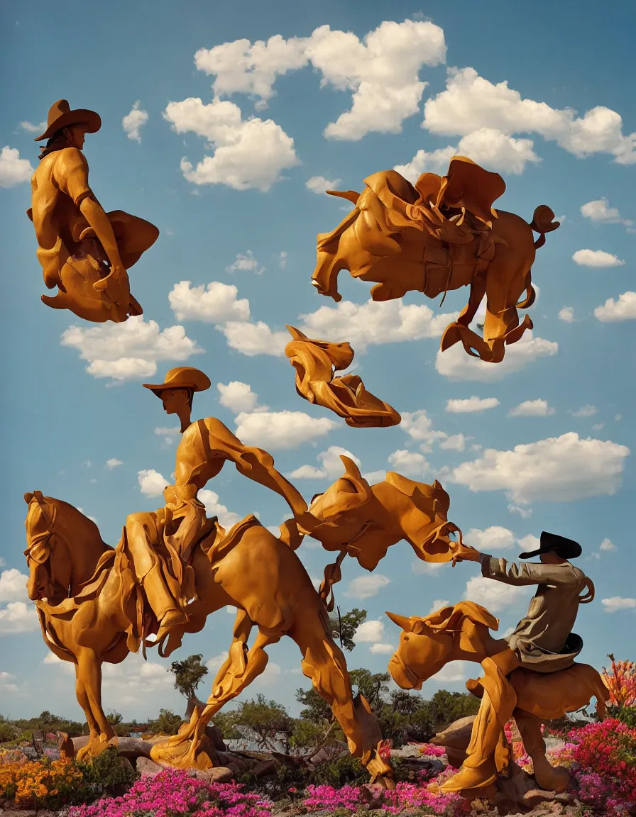 Image similar to a cowboy turning into blooms by slim aarons, by zhang kechun, by lynda benglis, by frank frazetta. tropical sea slugs, angular sharp tractor tires. bold complementary colors. warm soft volumetric light. national geographic. 8 k, rendered in octane, smooth gradients. a manly cowboy riding by edward hopper. sculpture by antonio canova.