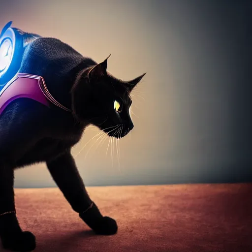 Image similar to a black cat wearing an iron man suit, high quality photograph, 4k, studio quality lighting