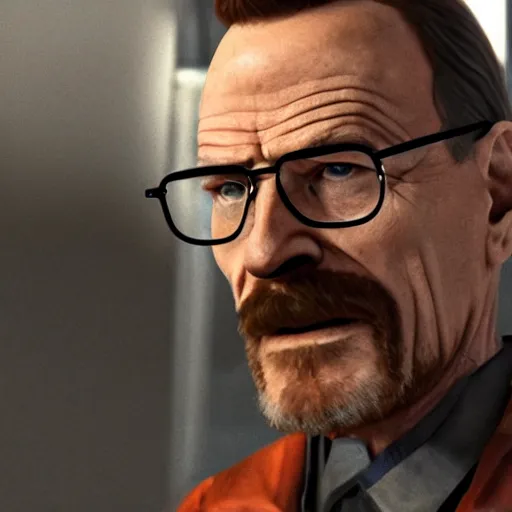 Image similar to Bryan Cranston dressed up as Gordon Freeman for Half Life Movie film still, 4k resolution, 8k resolution, HD Quality, highly detailed, very detailed, detailed, studio quality lighting, digital art, trending on artstation, film still