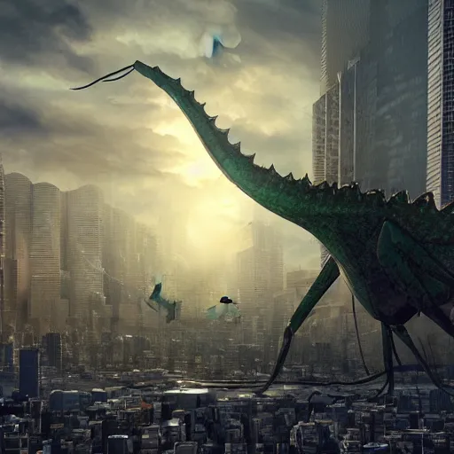 Image similar to a kaiju praying mantis attacking Tokyo, concept art, matte painting, 4k , clean post process, film still, style by raphael lacoste, eddie mendoza, alex ross