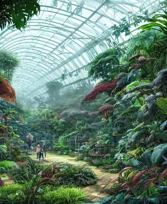 Prompt: an enormous conservatory greenhouse, overgrown with exotic fungus, overgrown with huge ferns, noon, sun drenched, partly cloudy, by dan mumford, yusuke murata, makoto shinkai, ross tran, cinematic, unreal engine, cel shaded, featured on artstation, pixiv