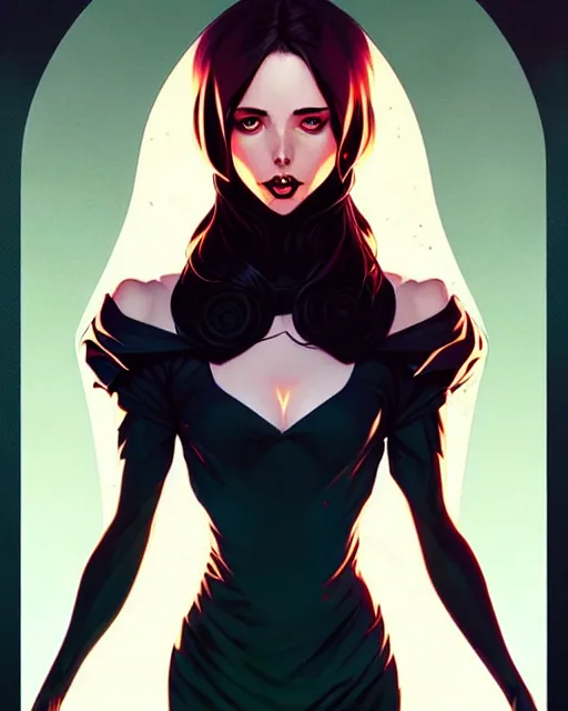 Image similar to artgerm, joshua middleton comic cover art, full body pretty kacey rohl vampire, symmetrical eyes, symmetrical face, long curly black hair, dark castle background background, cinematic lighting