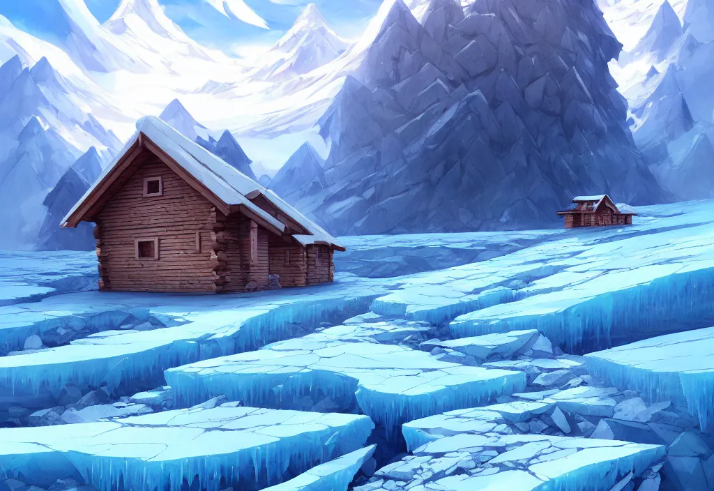 Image similar to a glacier with a tiny chubby wood house on the foreground, ice, rocks, intricate oil painting, high detail illustration, sharp high detail, manga and anime 1 9 9 9, official fanart behance hd artstation by jesper ejsing and makoto shinkai, 4 k,