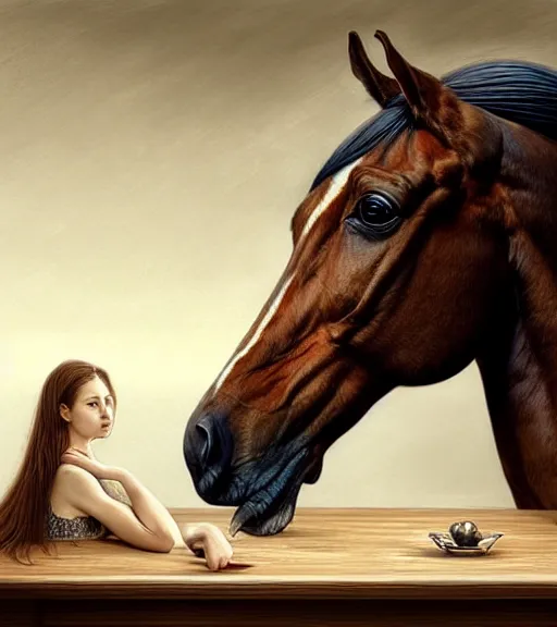Image similar to portrait of a horse sitting upon a table with heightened detail, poised, intense emotion, detailed facial expression, detailed surroundings, intricate, elegant, highly detailed, centered, digital painting, artstation, concept art, smooth, sharp focus, illustration, by ( leonardo da vinci ), wlop