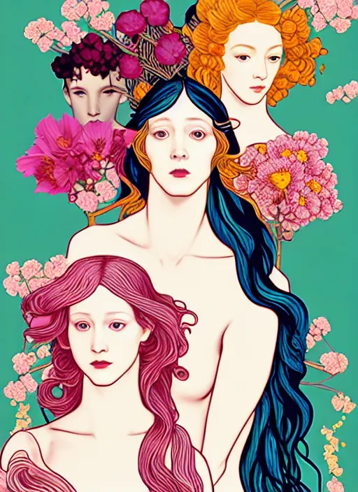 Prompt: 3 Spring Muses symbolically representing March, April, and May, in a style blending Æon Flux, Peter Chung, Shepard Fairey, Botticelli, Ivan Bolivian, and John Singer Sargent, inspired by pre-raphaelite paintings, shoujo manga, and cool Japanese street fashion, dramatically blossoming flora and fauna, petals falling everywhere, pastel vivid triad colors, hyper detailed, super fine inking lines, ethereal and otherworldly, 4K extremely photorealistic, Arnold render