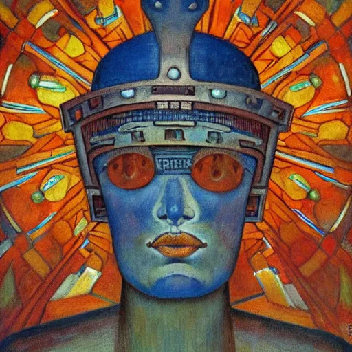 Prompt: the robot crown, by Annie Swynnerton and Diego Rivera, symbolist, dramatic lighting, elaborate geometric ornament, Art Brut ,god rays, soft cool colors,smooth, sharp focus, extremely detailed, Adolf Wölfli