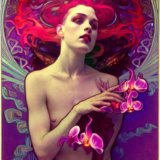 Prompt: surreal psychedelic orchid hybrid, diffuse lighting, art by collier, albert aublet, krenz cushart, artem demura, alphonse mucha