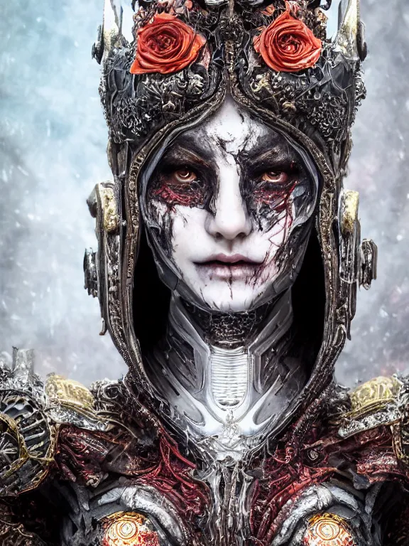 Image similar to portrait art of 8k ultra realistic undead vampire queen, ornate intricate smashed galaxy helmet , detailed intricate ornate armour,blade runner, cybernetic, full of colour, cinematic lighting, battered, trending on artstation, 4k, hyperrealistic, focused, extreme details,unreal engine 5, cinematic, masterpiece, art by ayami kojima, giger