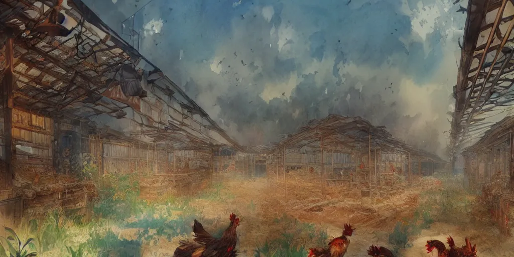 Prompt: a beautiful insanely intricate watercolor illustration of a poultry farm, colorfull, by william turner art, by greg rutkowski, by james jean, by rossdraws, by frank franzzeta, by sakimichan, by edmund dulac, trending on artstation, insanely detailed, masterpiece,
