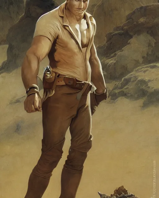 Prompt: doc savage in the desert wearing jodhpers and knee high boots, fantasy character portrait, ultra realistic, concept art, intricate details, highly detailed by soft light, volumetric light, misty, william adolphe bouguereau, munch, maxfield parrish, james bama, and frank frazetta