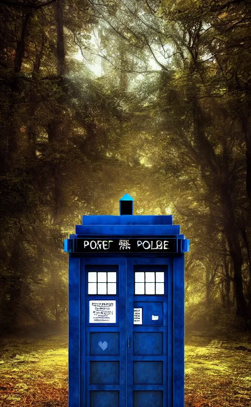 Image similar to a portrait of a tardis, in the woods, dynamic lighting, photorealistic fantasy concept art, trending on art station, stunning visuals, creative, cinematic, ultra detailed