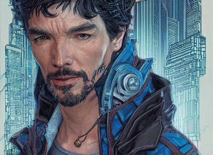 Prompt: a highly detailed cyberpunk portrait of stephen strange, james gurney, james jean