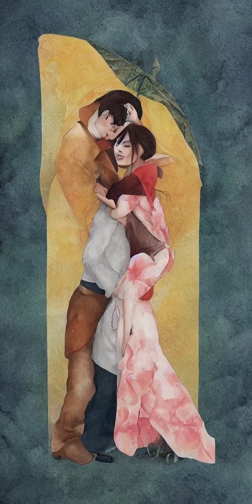 Image similar to greeting card, love, 2 people, by tran nguyen, warm colors, cozy