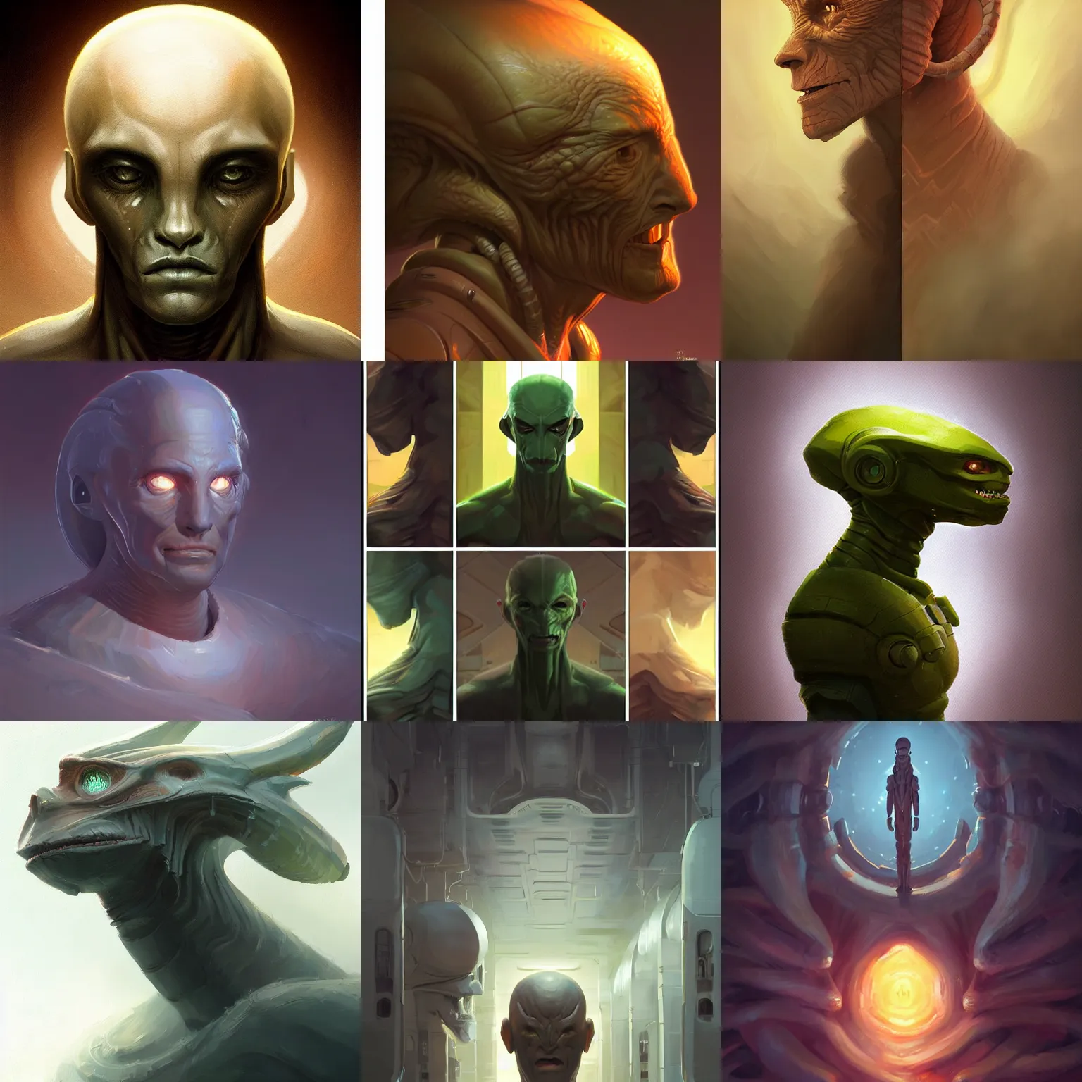 Prompt: three quarter view, extraterrestrial lifeform portrait, non human, intelligent, peaceful, cultured, friendly, whole head, 3/4 view, dramatic lighting, three quarter view, painted by andreas rocha