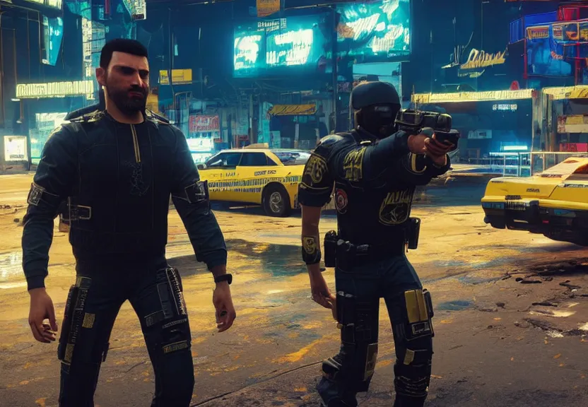 Image similar to Hezbollah Magomedov in cyberpunk 2077 fighting police