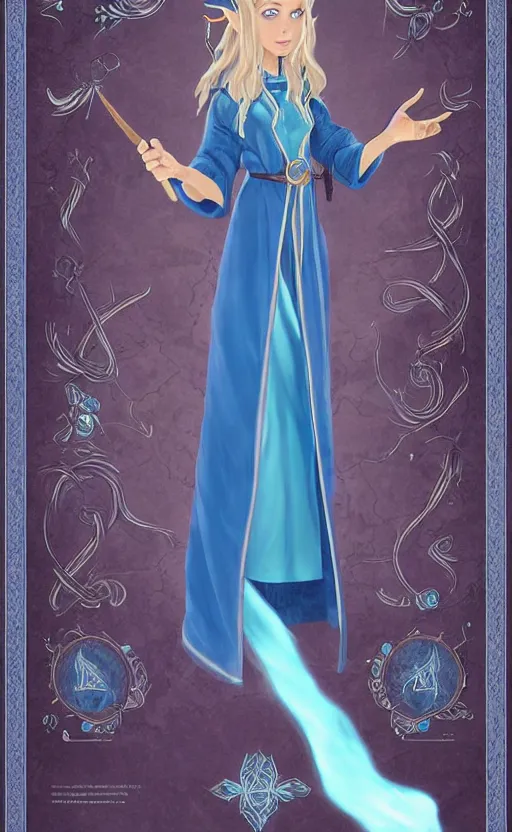 Image similar to elf female sorcerer doing water magic spells, blue robes, exquisite details, full body character design on a white background, by studio muti