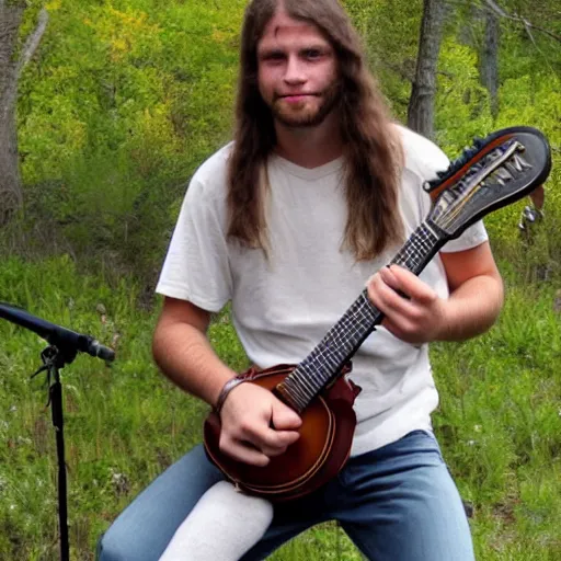 Image similar to a photo of a young man with long hair playing mandolin in the wilderness