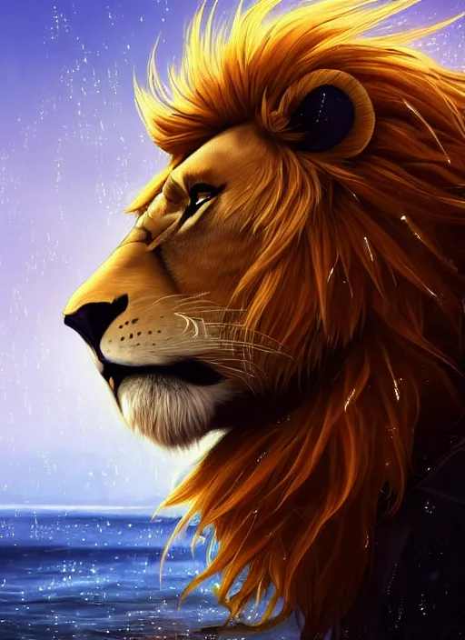 Prompt: award winning beautiful portrait commission of a male furry anthro lion fursona with a tail and a cute beautiful attractive detailed furry face wearing stylish black and gold swimming clothes in a cyberpunk beach at night while it rains. Character design by charlie bowater, ross tran, artgerm, and makoto shinkai, detailed, inked, western comic book art