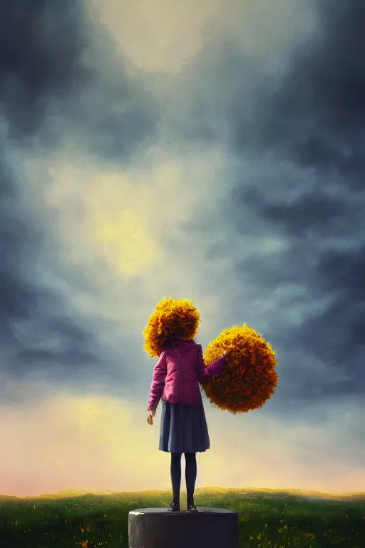 Prompt: portrait, giant flower head, a girl standing on pillar, surreal photography, wind and cold, dramatic sky, impressionist painting, digital painting, artstation, simon stalenhag