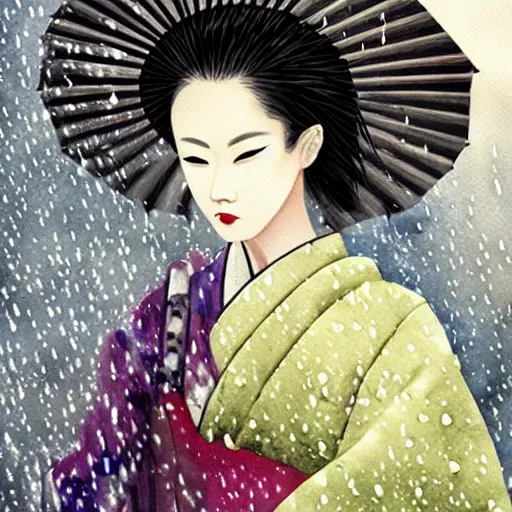 Prompt: dramatic portrait of a geisha holding and umbrella in a rainstorm at dusk : dynamic lighting / watercolor / close - up :