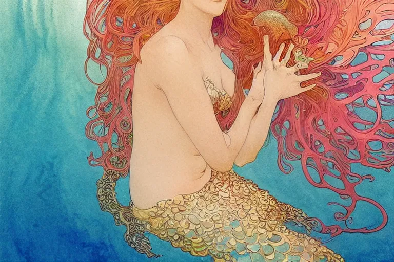 Image similar to a beautiful intricate watercolor illustration of goldie hawn as a mermaid in a coral reef, tropical fish and coral, 4 k, ultra - wide angle, by william turner, by victo ngai, by alphonse mucha, by miho hirano, by moebius, hd, trending on artstation, hyper detailed, muted intense colors