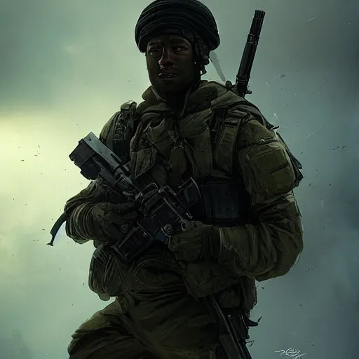 Prompt: Portrait of a black modern British army soldier in full gear carefully moving through enemy territory, cinematic lighting, 4k, award-winning, by Greg Rutkowski, full body