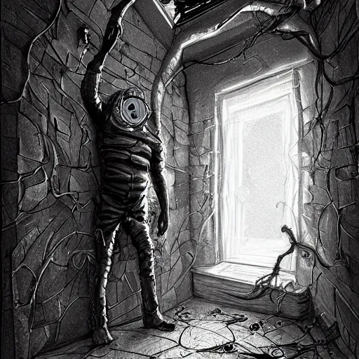 Image similar to the man stuck in the wall, creepy explorer sketch, godlike design, concept art, eldritch, grand scale, intricate detailed